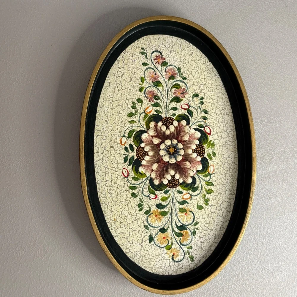 Vintage Floral Hand Painted Nesting Trays Set of 3 Oval Black Gold Crackle Folk
